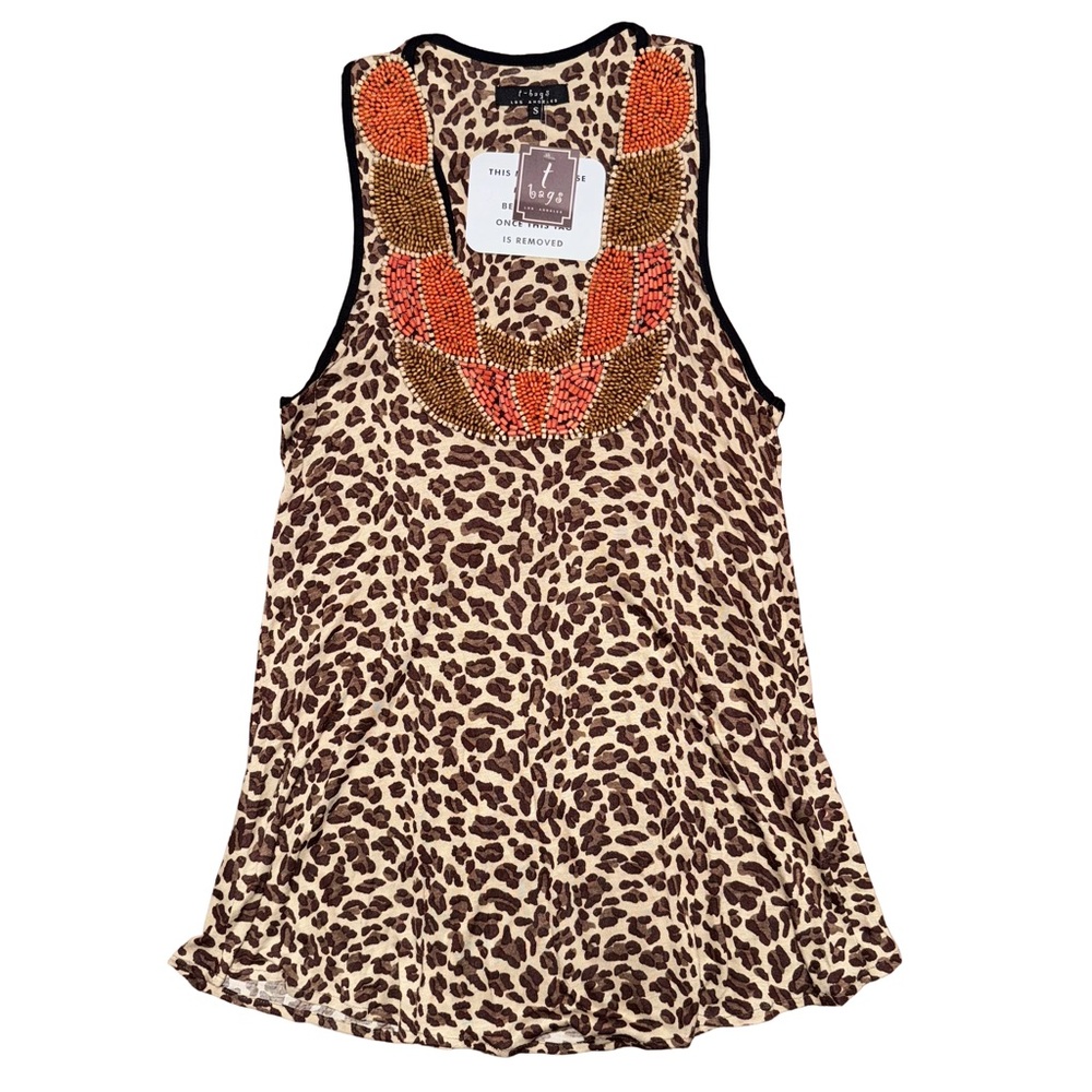 T-Bags LA Leopard Print Sleeveless Tank Top Beaded Neck Boho Chic Indie Eclectic